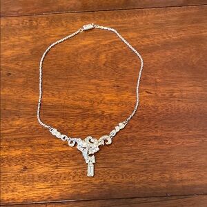 Vintage Rhinestone Necklace in Silver-toned Metal 1950s 16 1/2” and 1 3/4” drop